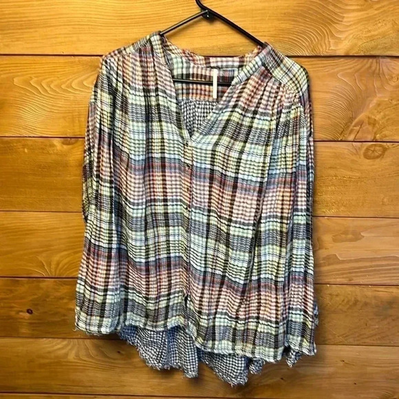 Womens preworn Free People small long sleeve button up plaid brown red green blu - Picture 1 of 8